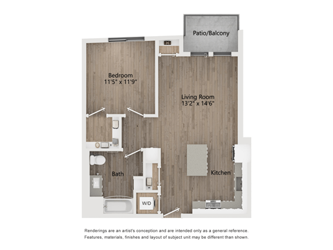 Floor plan for 1 bed, 1 bath, 760 sqft